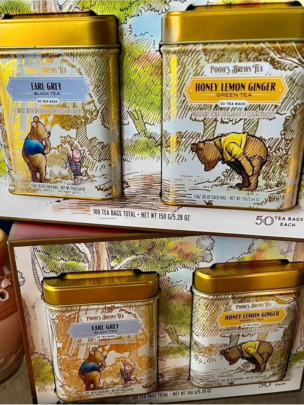 Tea Honey Lemon Ginger & Earl Grey Tin Set - Gold Accent